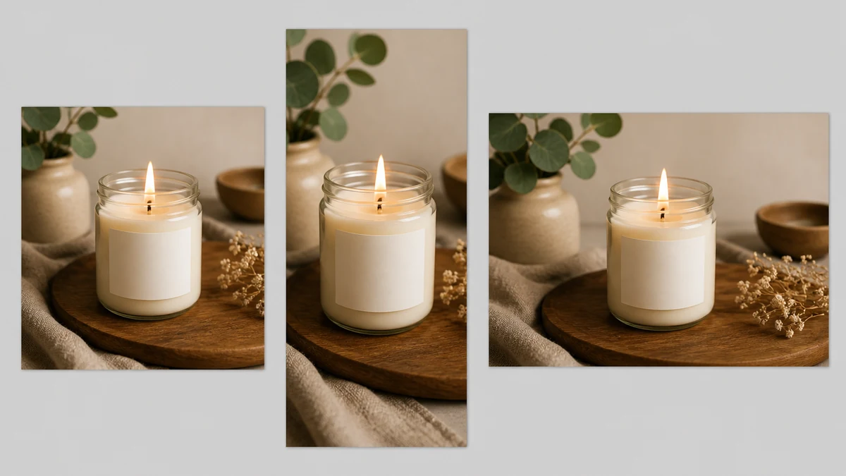 The same corrected candle photo composited into a square crop, a 9:16 story crop, and a landscape crop