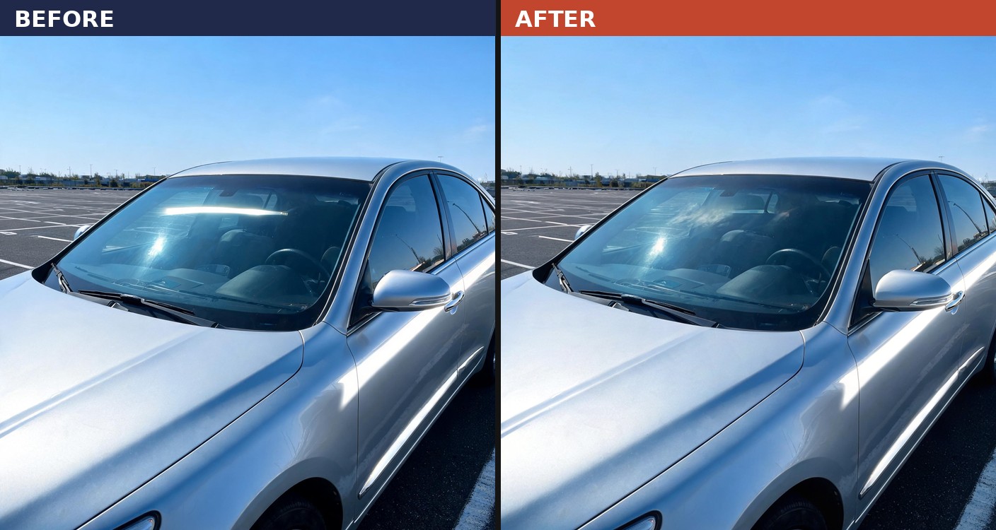 Before and after composite: a silver sedan listing photo with a hot windshield glare streak and blown-out chrome mirror reflection on the left, the same photo corrected via a real enhance_asset_proxy call on the right