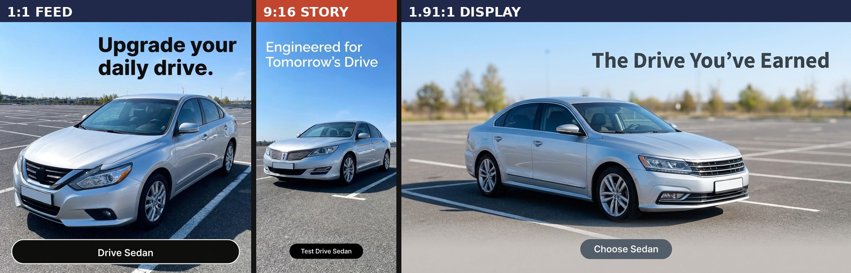 The same corrected vehicle photo rendered into three ad formats side by side via generate_image_templates: a 1:1 Facebook feed post, a 9:16 Story, and a 1.91:1 Display banner