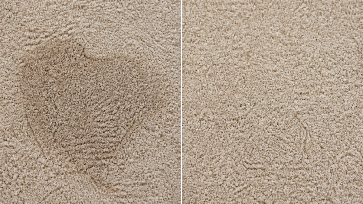 Illustrative before and after comparison of a carpet photo: left side shows a dark watermarked patch, right side shows the same carpet with even, uniform pile shading