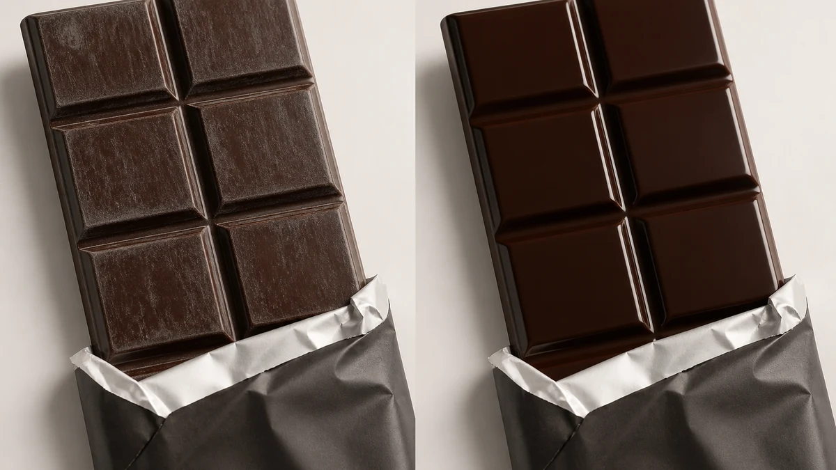 Dark chocolate bar before and after bloom correction, left shows dull grey-white streaked surface, right shows restored glossy tempered sheen