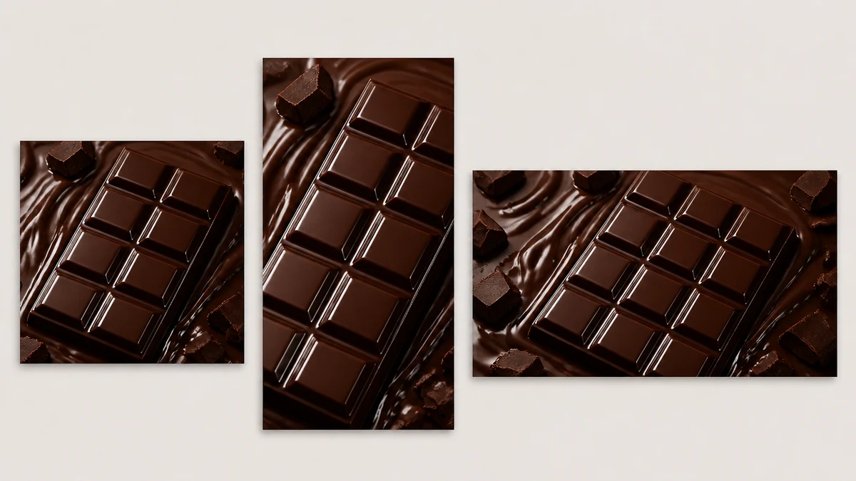 Glossy chocolate bar photo resized into three ad formats side by side, square feed post, vertical Story crop, and horizontal Display banner