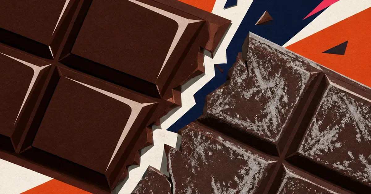 Paper-cutout illustration of a dark chocolate bar splitting into a glossy half and a dull grey bloomed half
