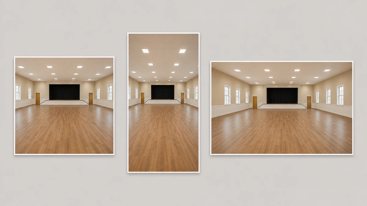 The corrected community-hall room photo shown fanned out into square, vertical 9:16, and landscape ad-format crops