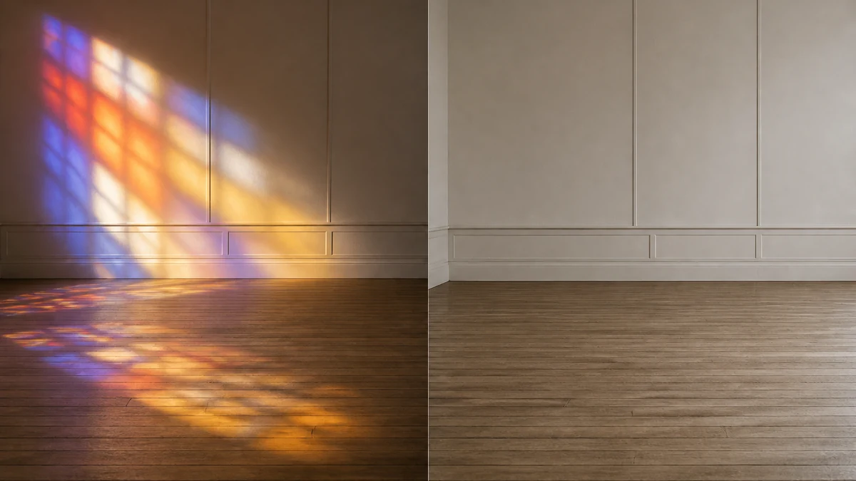 Before and after: an empty community-hall room with uneven colored light patches from stained glass, corrected to even natural lighting
