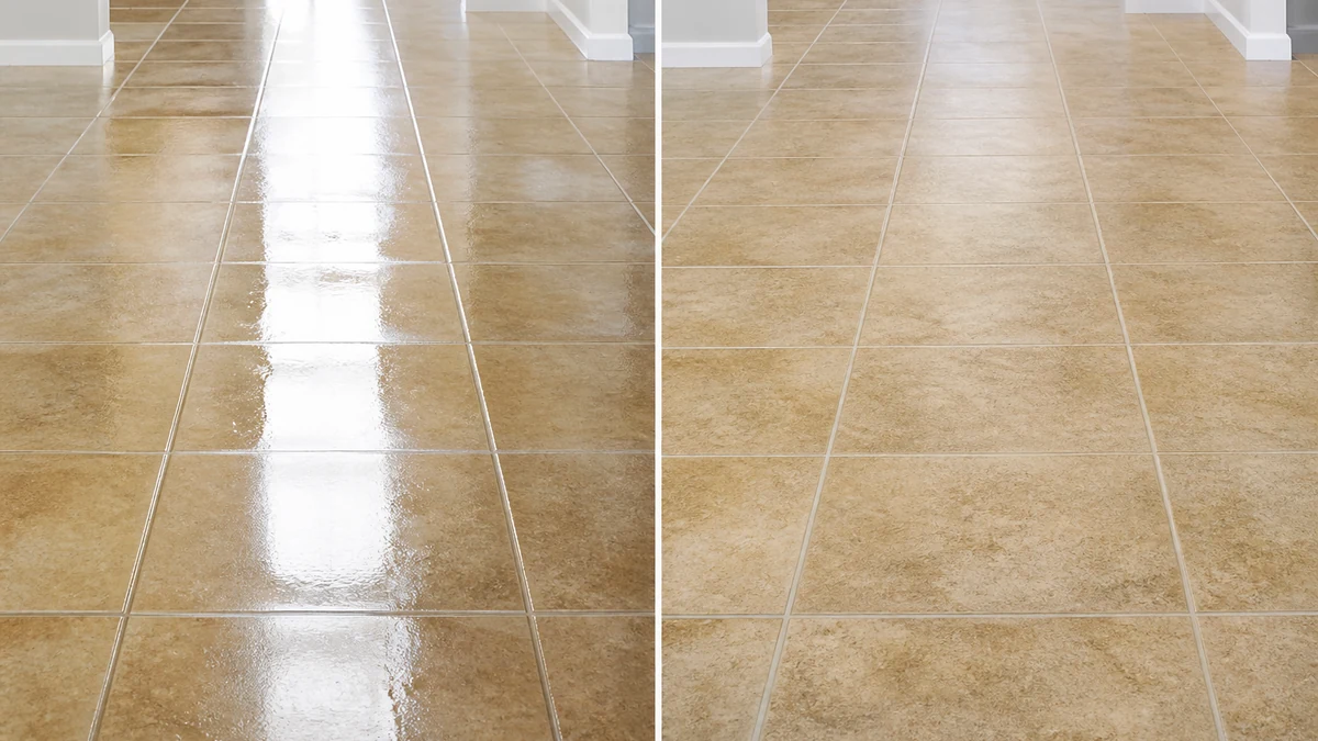 Before and after: a wet tile floor with a bright glare streak corrected to show true tile color and texture