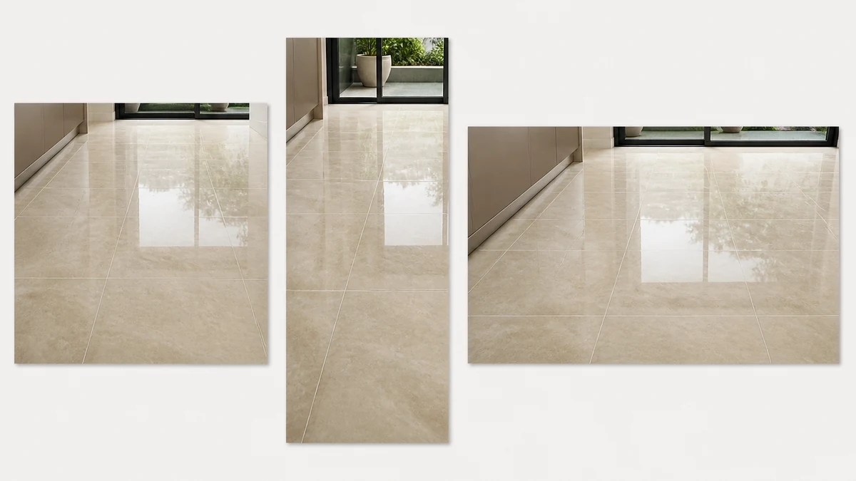 The same clean floor result presented as a square feed ad, a 9:16 story, and a horizontal display banner