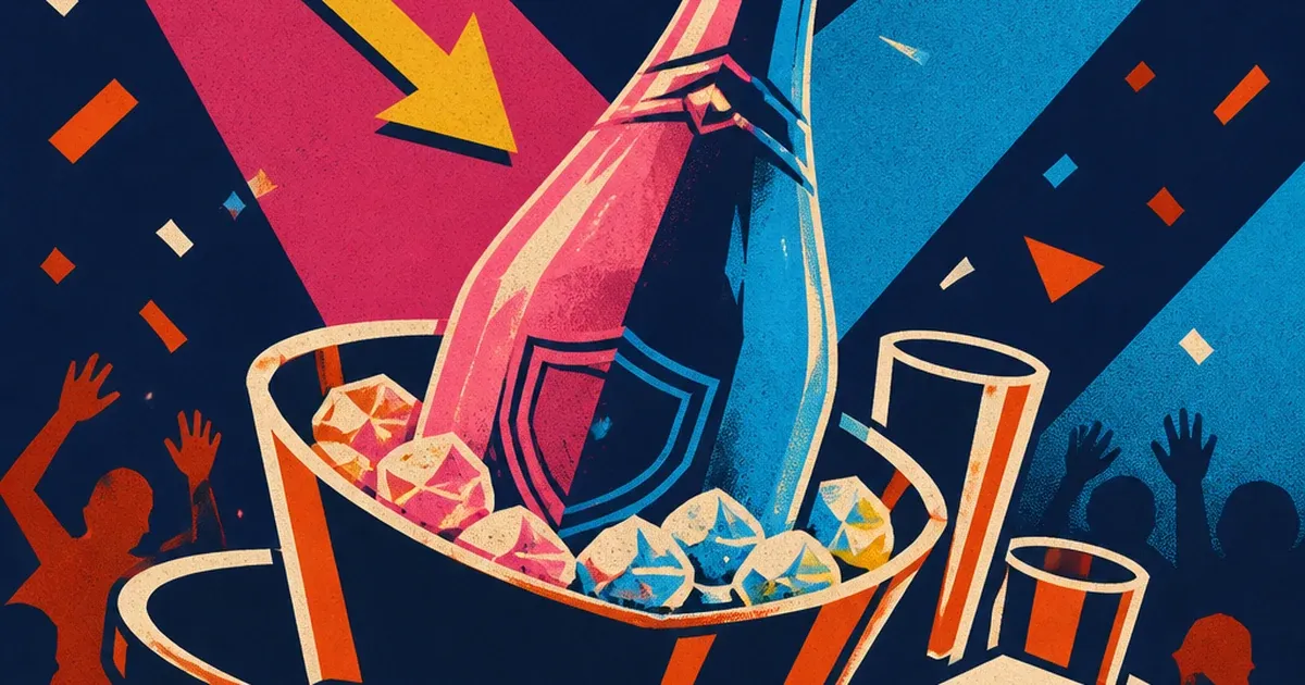 Bottle-service tray on a nightclub table, one bottle glowing half-magenta half-cyan from crossing colored stage light beams