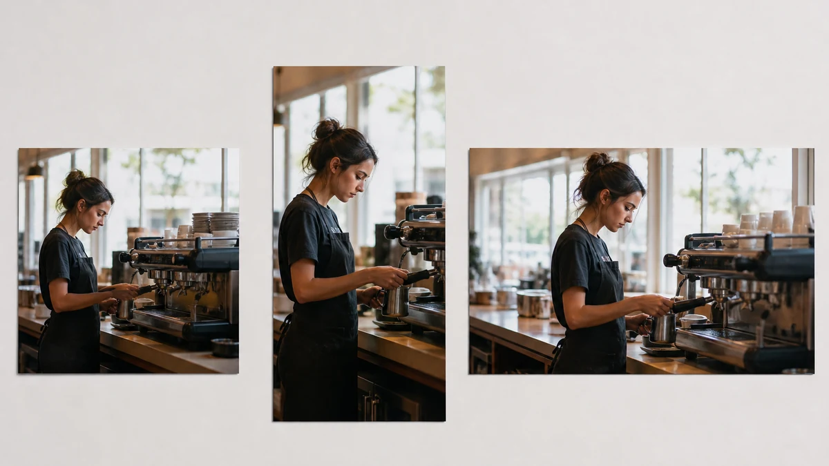 Illustrative mockup: the same exposure-corrected coffee shop photo shown as a square feed ad, 9:16 story, and horizontal display banner