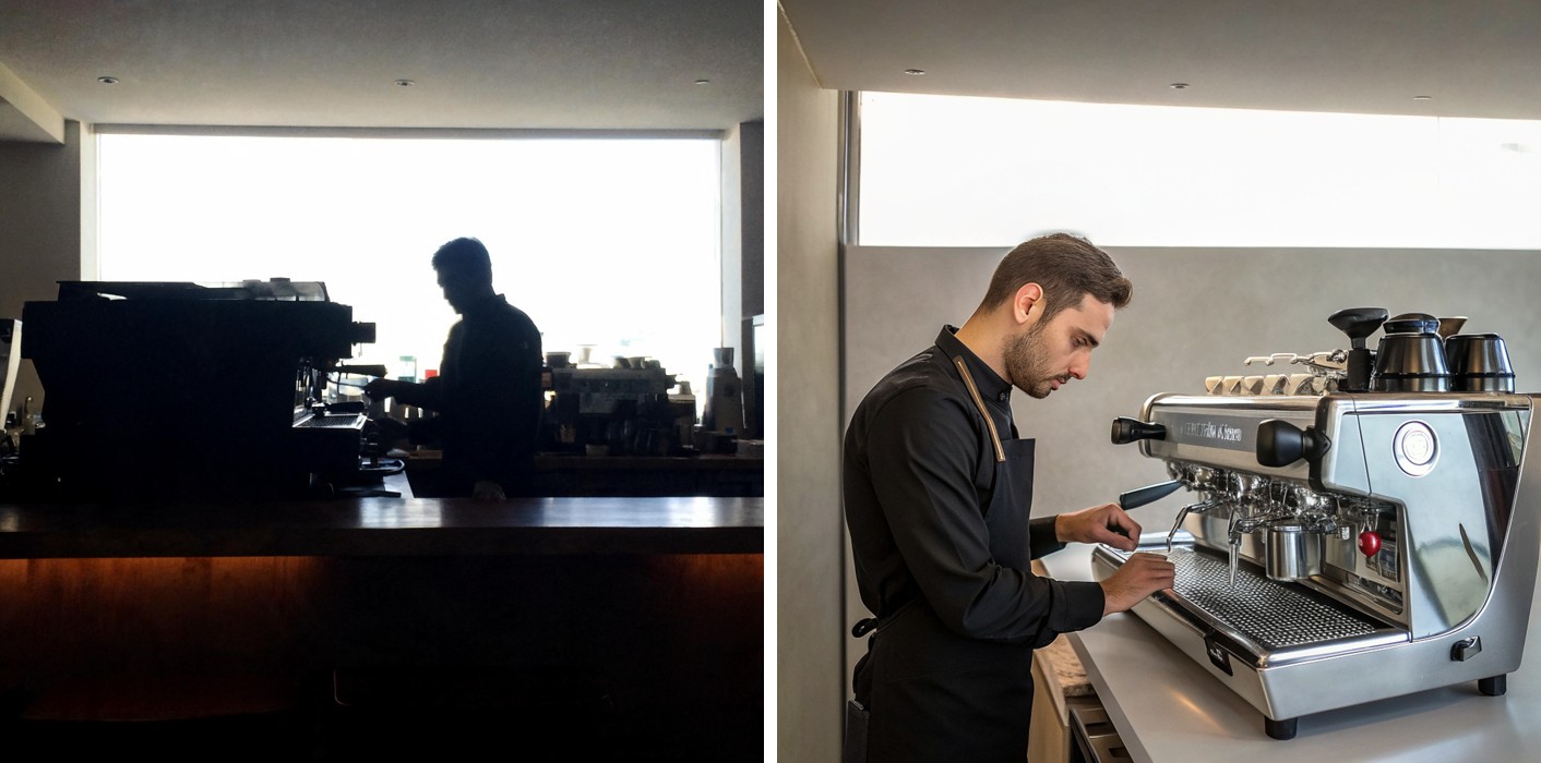Before and after: coffee shop espresso bar corrected from an underexposed silhouette to properly exposed detail while the bright window behind it stays natural