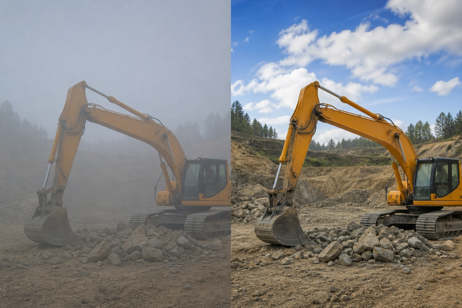 Before and after diptych: an excavator on a job site photographed through dust haze on the left, the same excavator and site with restored contrast and color on the right