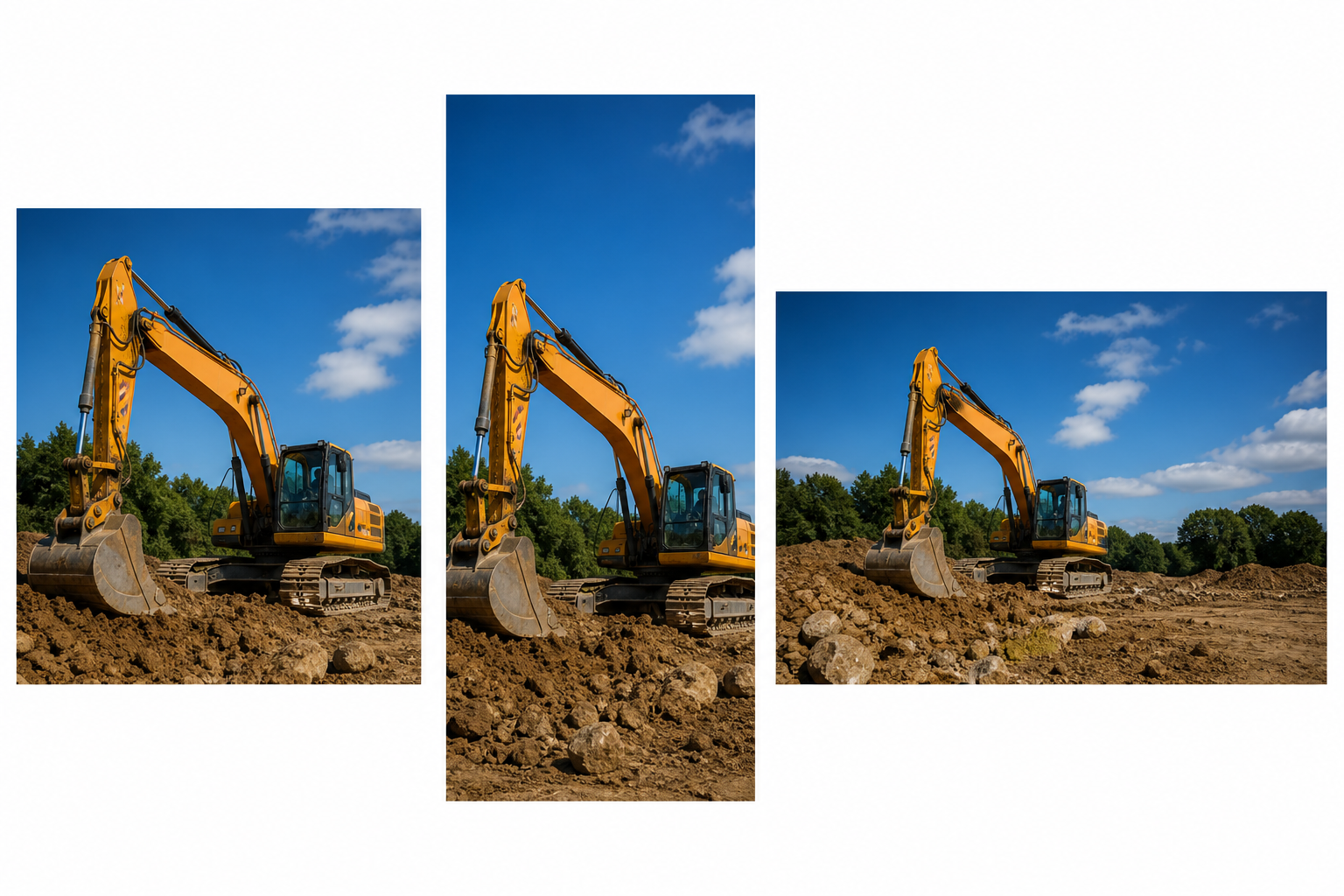 The same corrected excavator photo shown as a square feed ad, a 9:16 story crop, and a horizontal landscape banner