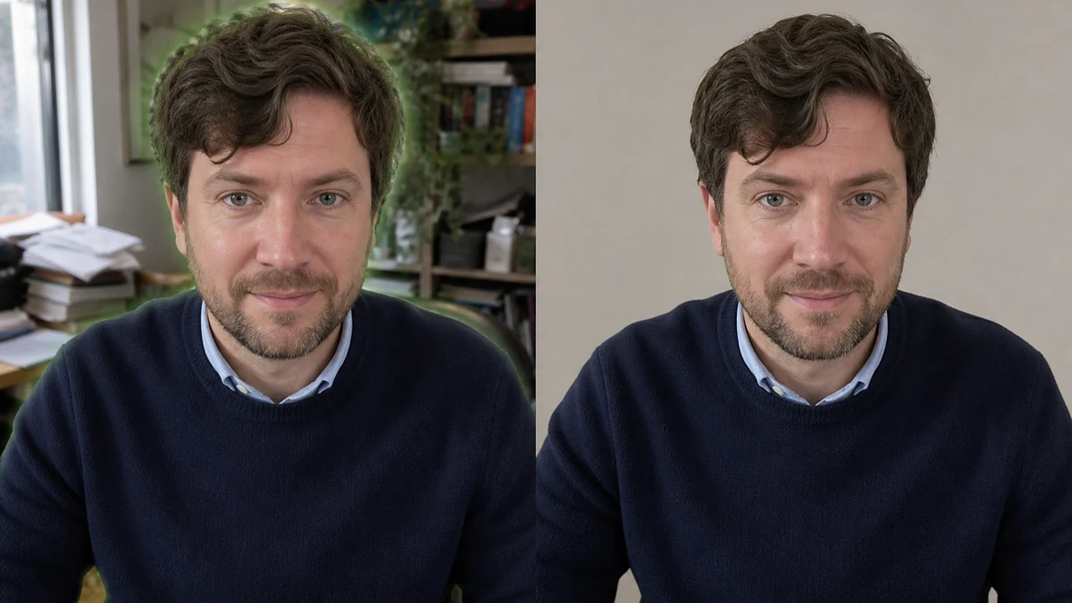 Before and after still of a consultant on a webcam call, left side showing a green fringing halo around the hair, right side showing a clean studio-backdrop composite