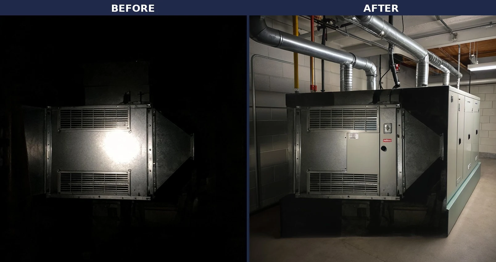 Before and after: a job-site HVAC photo with a blown-out camera-flash hotspot and crushed black background, repaired via Ad Studio enhance_asset_proxy (recraft-inpaint) to show natural even lighting and visible background detail