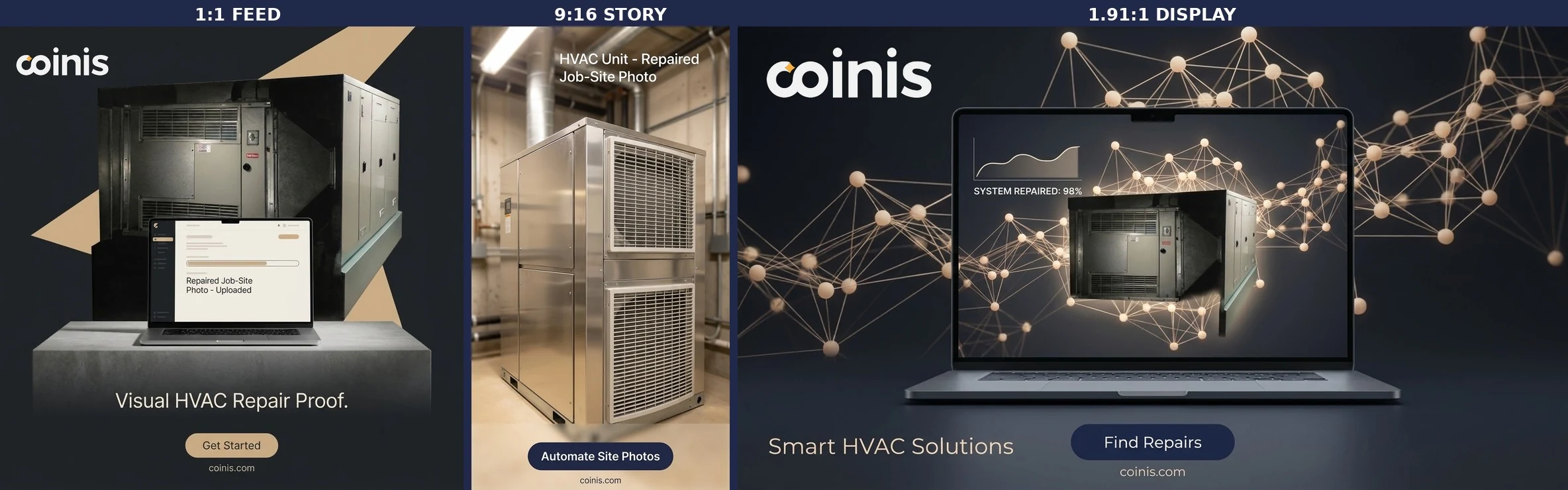 One corrected HVAC job-site photo fanned out into three ad formats via Ad Studio generate_image_templates: square Facebook feed, 9:16 Story, and 1.91:1 Display banner