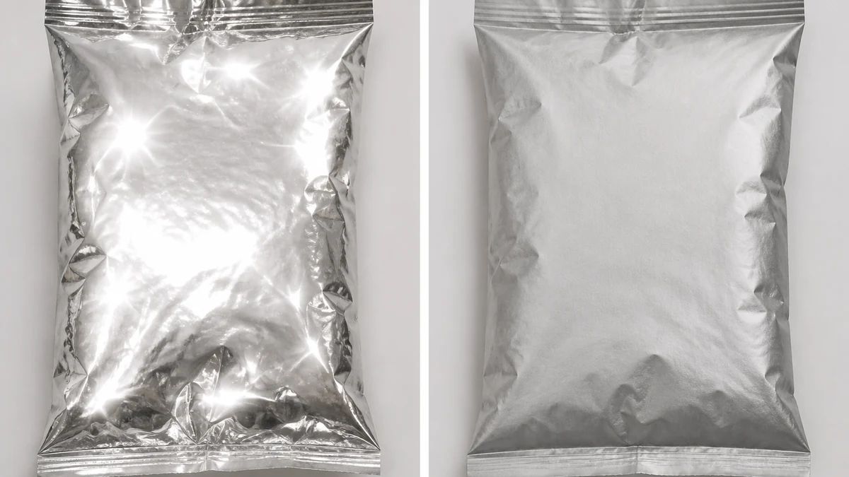 A split-frame photo of a generic foil snack bag: left side shows dozens of scattered bright glare hotspots across the crinkled surface, right side shows the same bag with the hotspots removed and the surface evenly legible