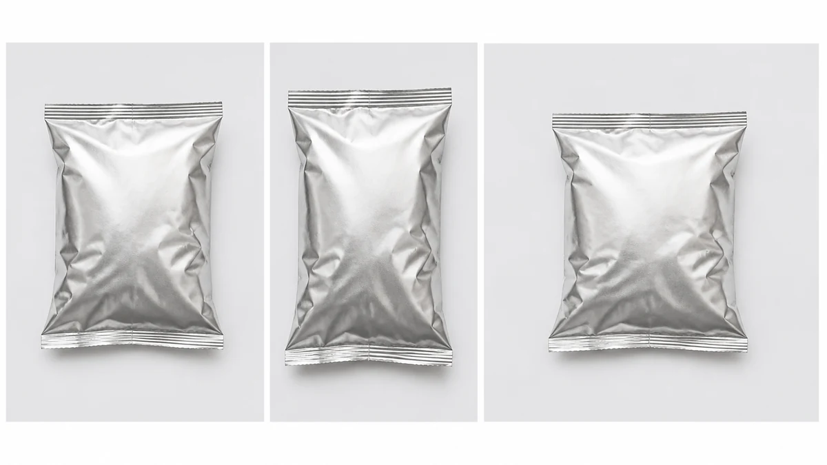 A flat-lay mockup of the same corrected generic foil snack bag photo shown as a square feed crop, a vertical story crop, and a wide landscape crop