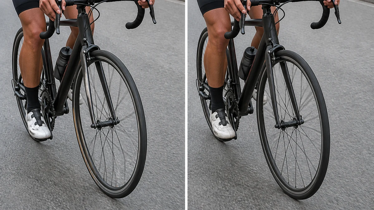 Split before/after photo of a road bicycle: left side shows the front wheel with curved, rolling-shutter-warped spokes, right side shows the same wheel corrected with straight spokes and a true circular rim
