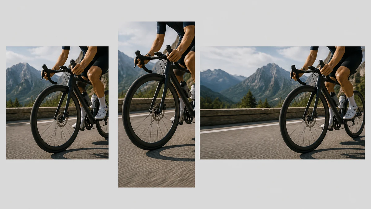 The same corrected bicycle photo with a straight-spoked wheel shown in three ad crop formats side by side: square, vertical, and landscape