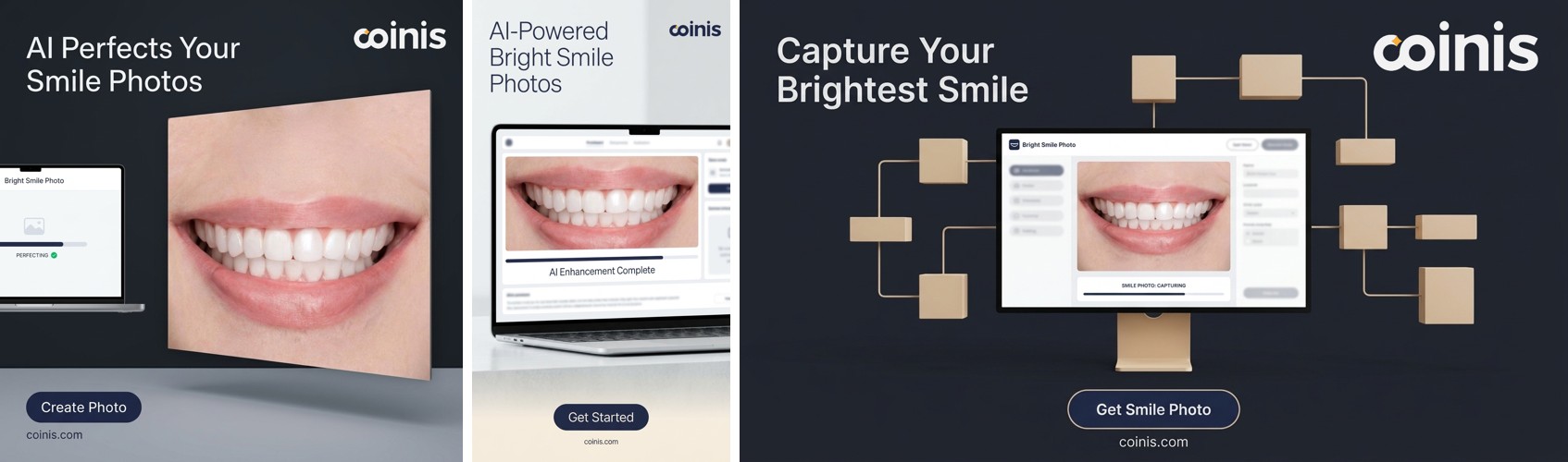 Three ad-format fan-out (square, story, landscape) of the corrected smile photo generated via generate_image_templates, each with clean AI-enhancement messaging and no fabricated treatment claims