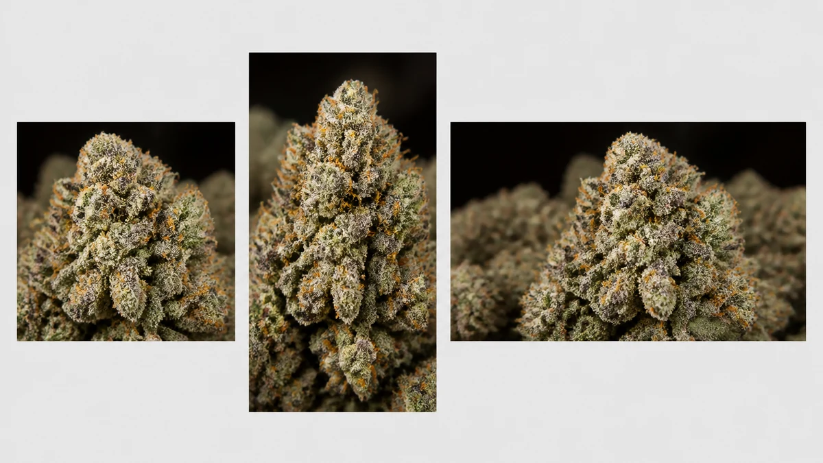 Illustrative corrected cannabis flower product photo laid out as a square post, a vertical story frame, and a landscape banner using the same source image