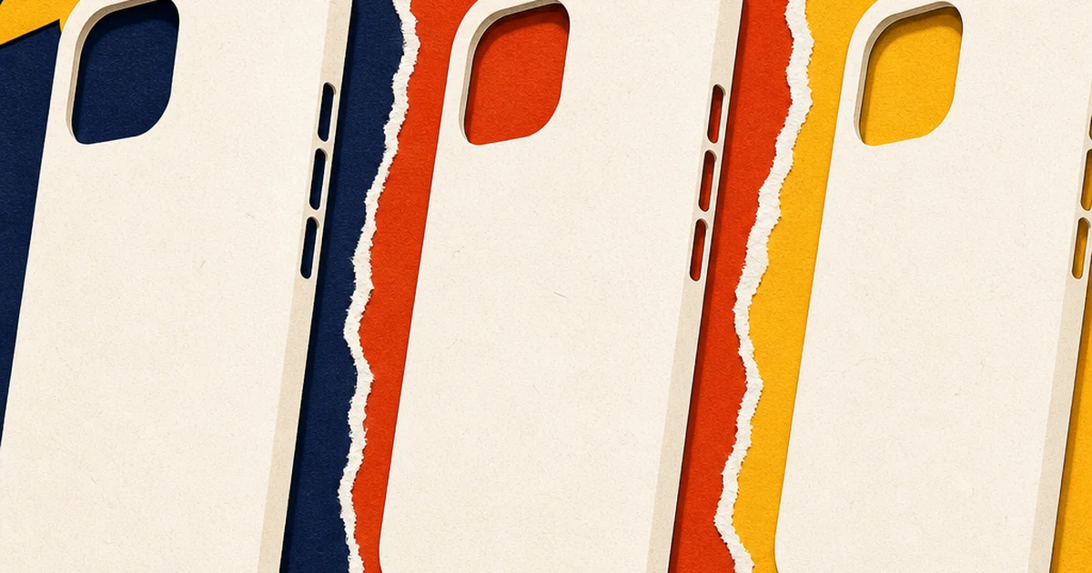 Paper-cutout illustration of a generic phone case product splitting into three copies against different colored backgrounds, representing identical dropshipping ad creative