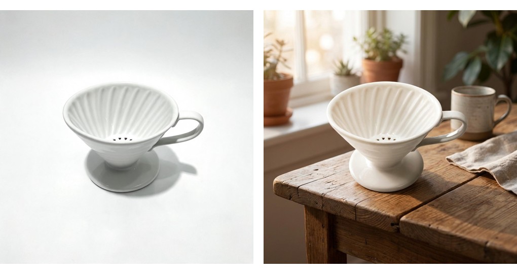 Plain white-background supplier product photo of a coffee dripper next to a Coinis-generated variation with a warm lifestyle background and natural window light