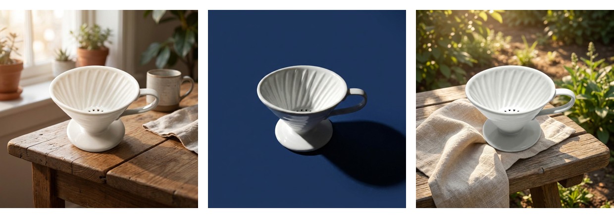 Three-panel fan-out of the same coffee dripper product photo: warm lifestyle wood-table variant, bold navy studio variant, outdoor natural-light variant