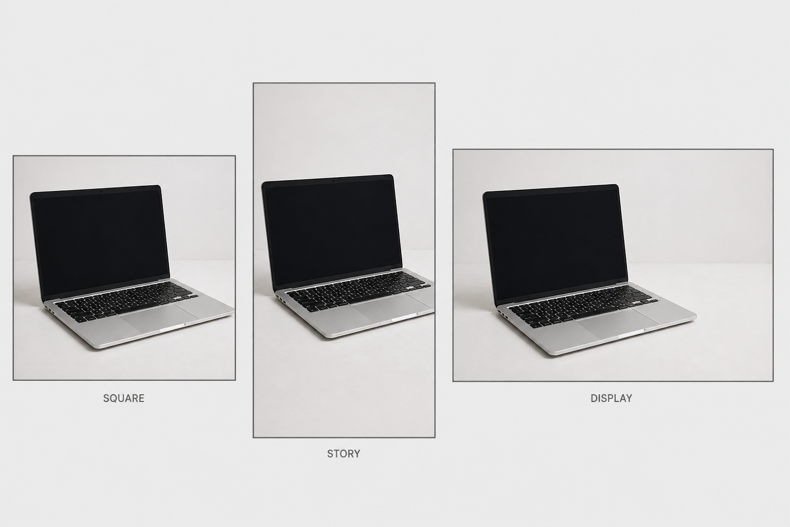 The same corrected laptop photo shown as a square feed ad, a 9:16 story, and a horizontal display banner