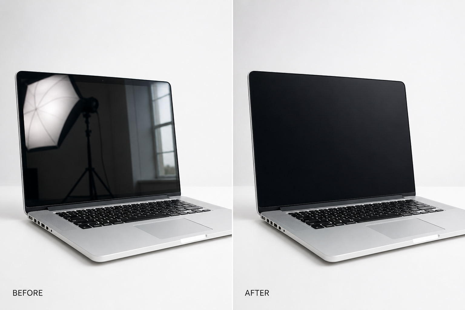 Before and after: laptop screen showing a reflected studio softbox and window versus the same laptop with a clean dark screen