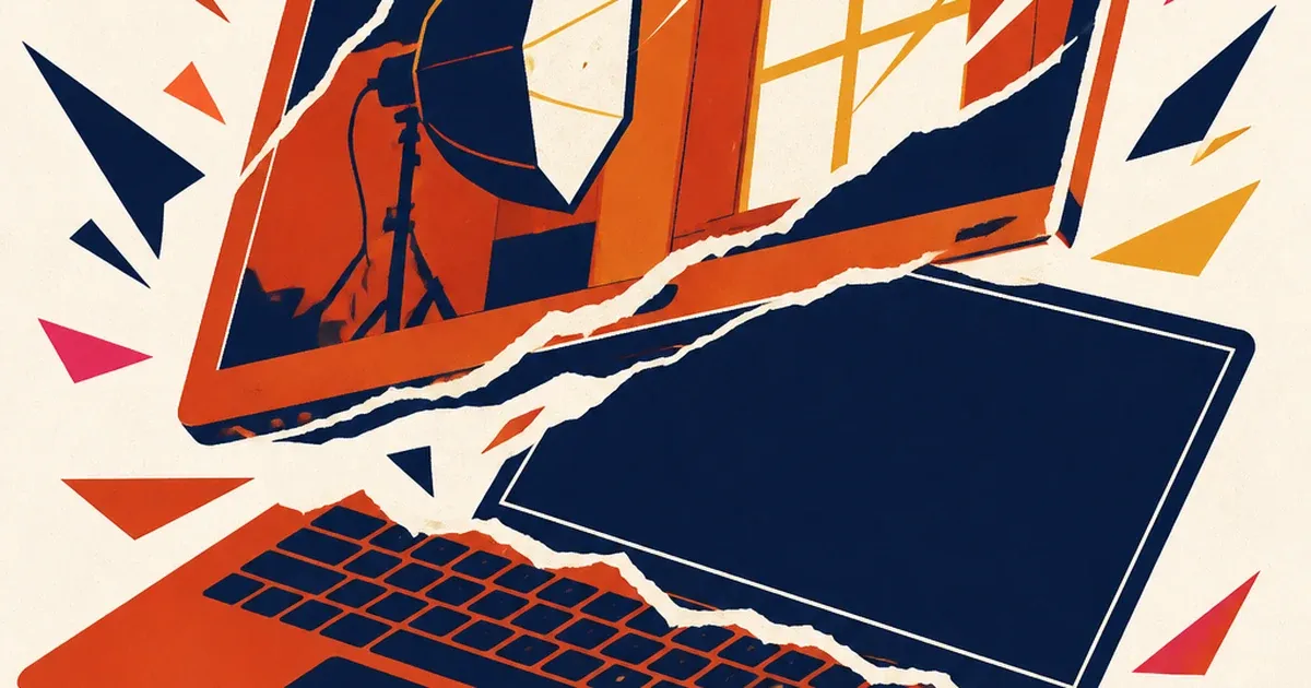 A laptop screen torn open showing a reflected studio softbox and window on top, a clean dark screen underneath, paper-cutout illustration