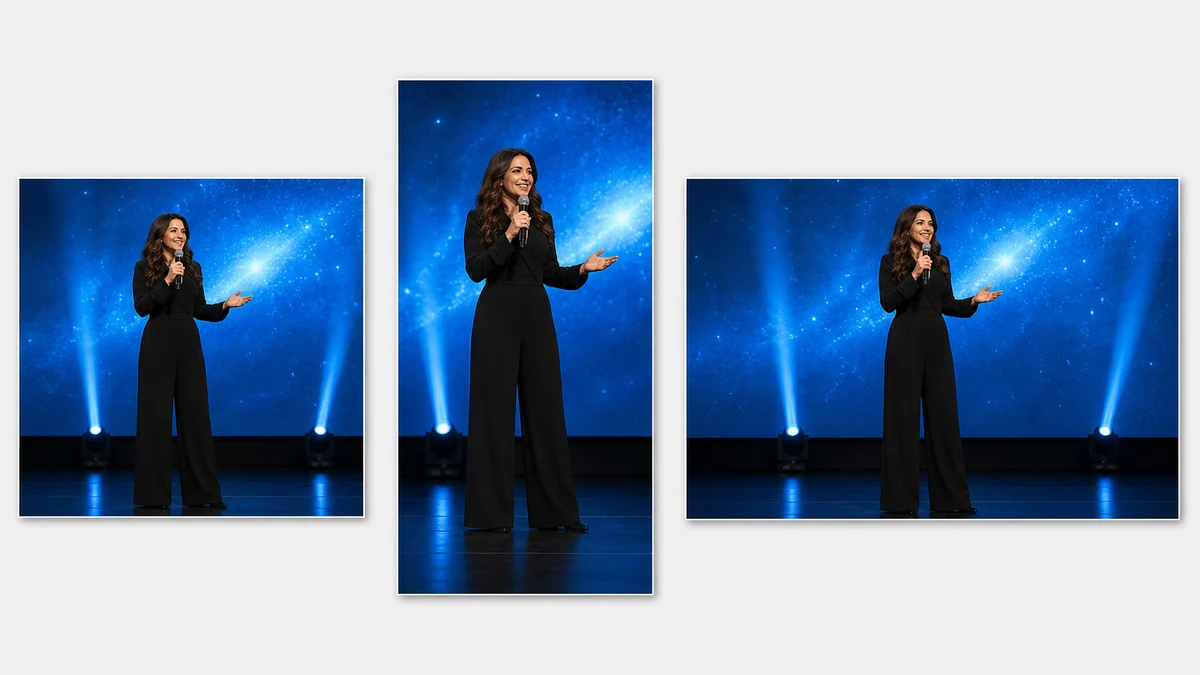 The corrected event-stage photo shown fanned out into square, vertical 9:16, and landscape ad-format crops