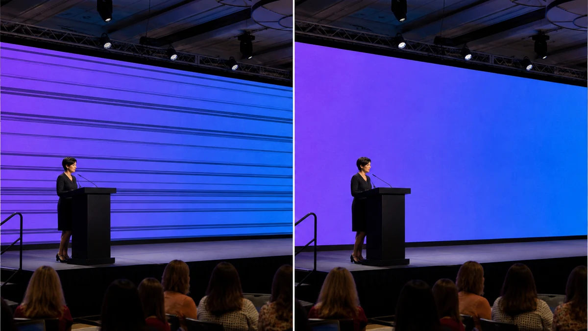 Before and after: a conference stage with an LED video wall showing dark scan-line banding, corrected to an evenly lit display