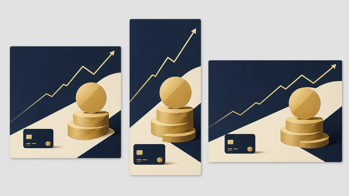 The same abstract coin-and-graph financial concept fanned out into square, vertical story, and horizontal landscape ad formats