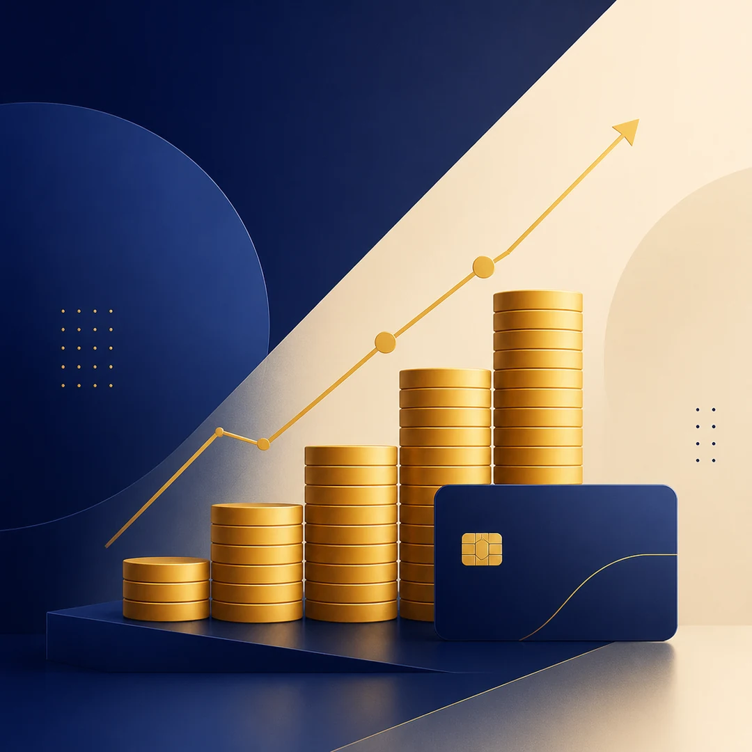 Abstract geometric gold coin stack rising beside an upward graph line and a minimal credit-card icon, finance ad concept