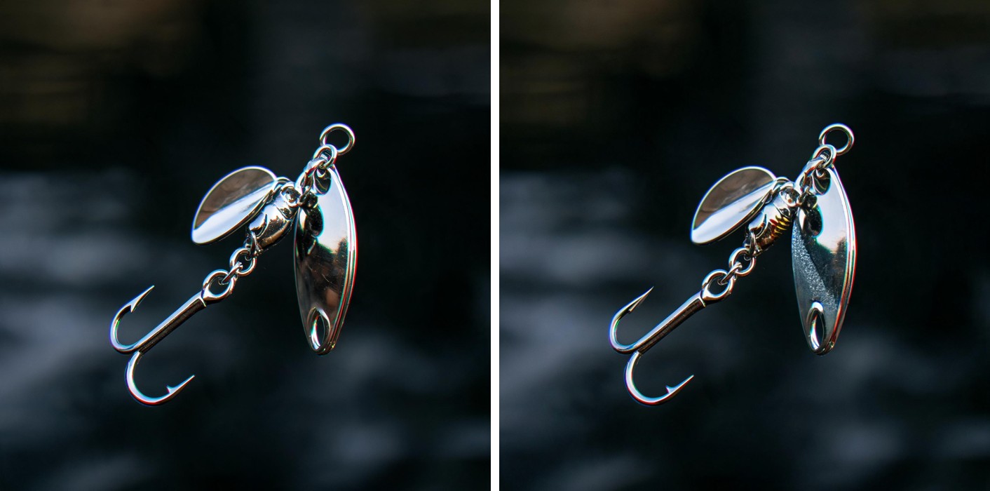 Before and after: a chrome spinnerbait lure against dark water, left showing a visible purple-magenta color fringe along the blade and hook edges, right showing the same lure with the fringe corrected and a clean true-color edge