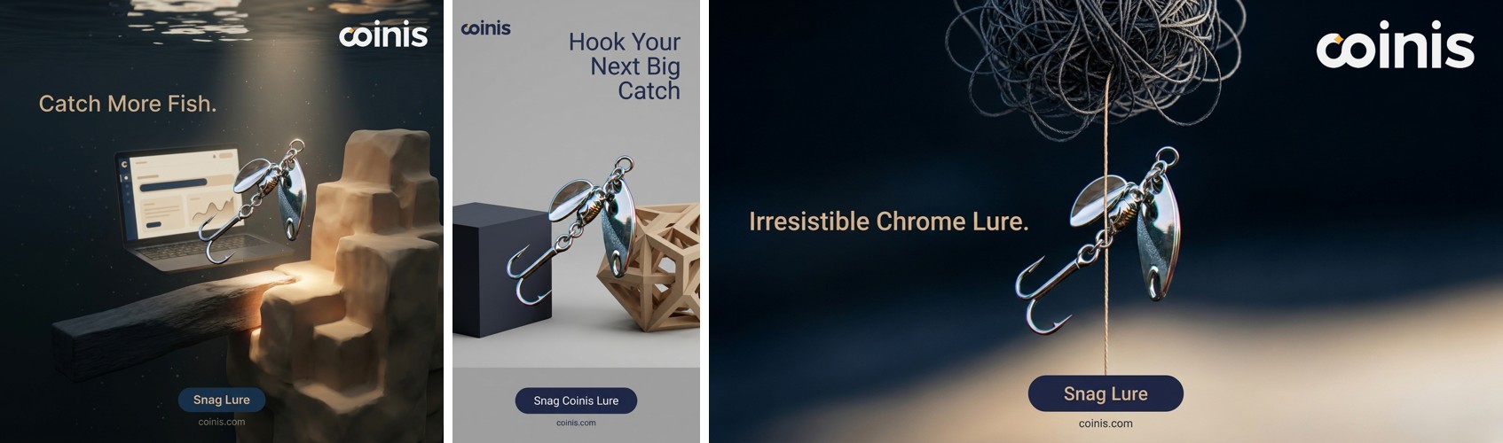 Three ad format crops (square, story, landscape) of the corrected chrome fishing lure photo, same lure, same clean edge detail, different crop and composition per format