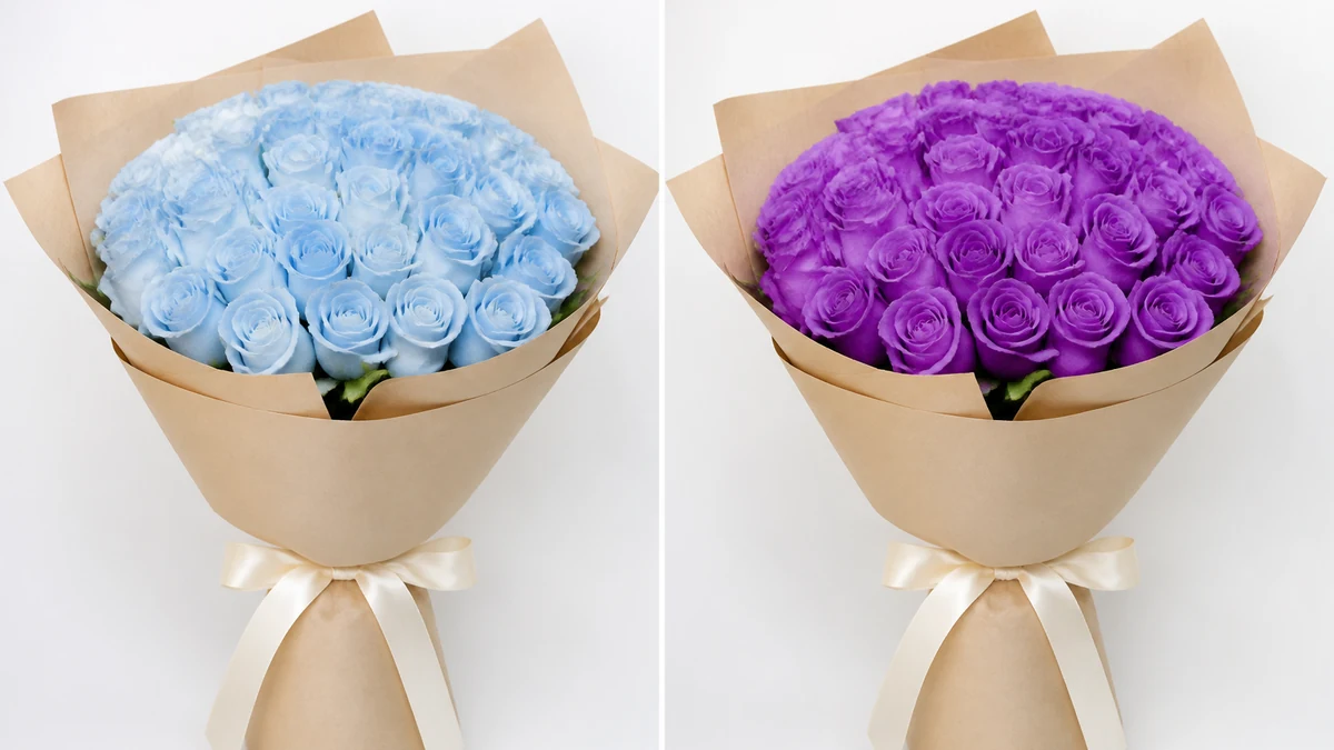 Illustrative before and after of a rose bouquet, blue-shifted on the left and corrected to true violet on the right