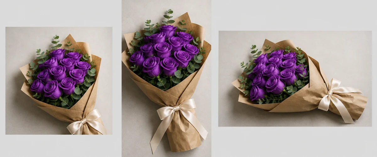 Illustrative 3-format fan-out of the corrected violet rose bouquet in square, story, and landscape crops