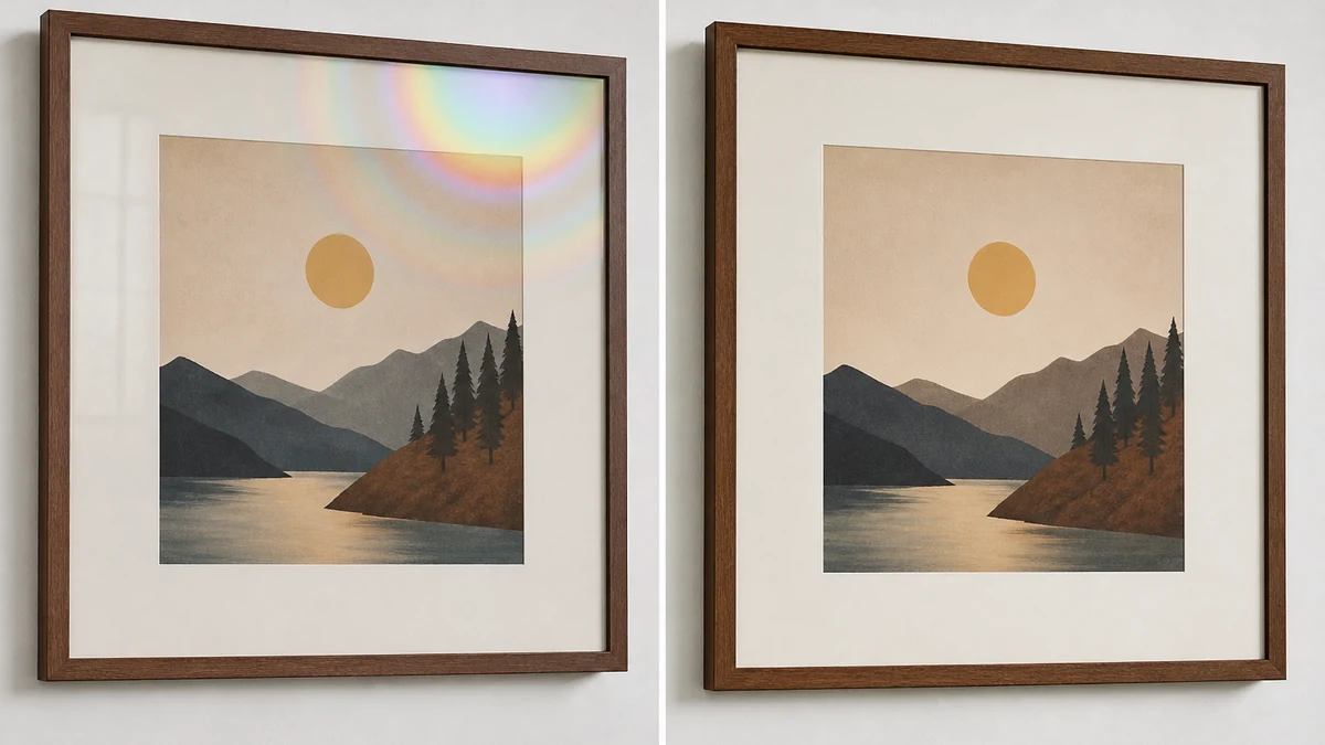 Split photo showing a framed art print with a rainbow Newton rings interference pattern on the glass on the left, and the same framed print with clean invisible glass on the right