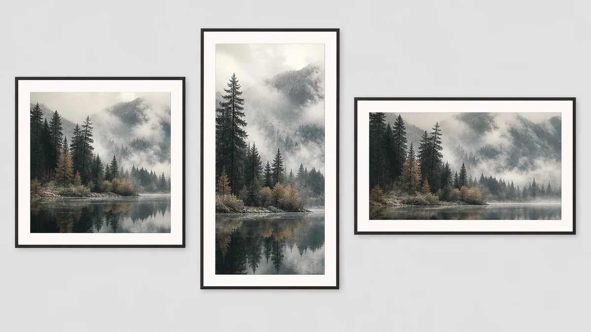 The same corrected framed art print photo shown as a square ad, a 9:16 vertical ad, and a horizontal banner ad side by side