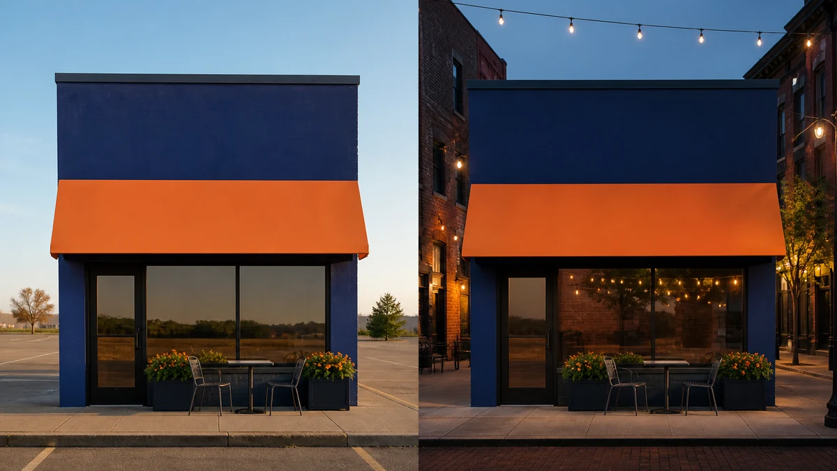 Illustrative before-after diptych: approved storefront creative with plain backdrop swapped for a local downtown streetscape, logo and brand colors unchanged