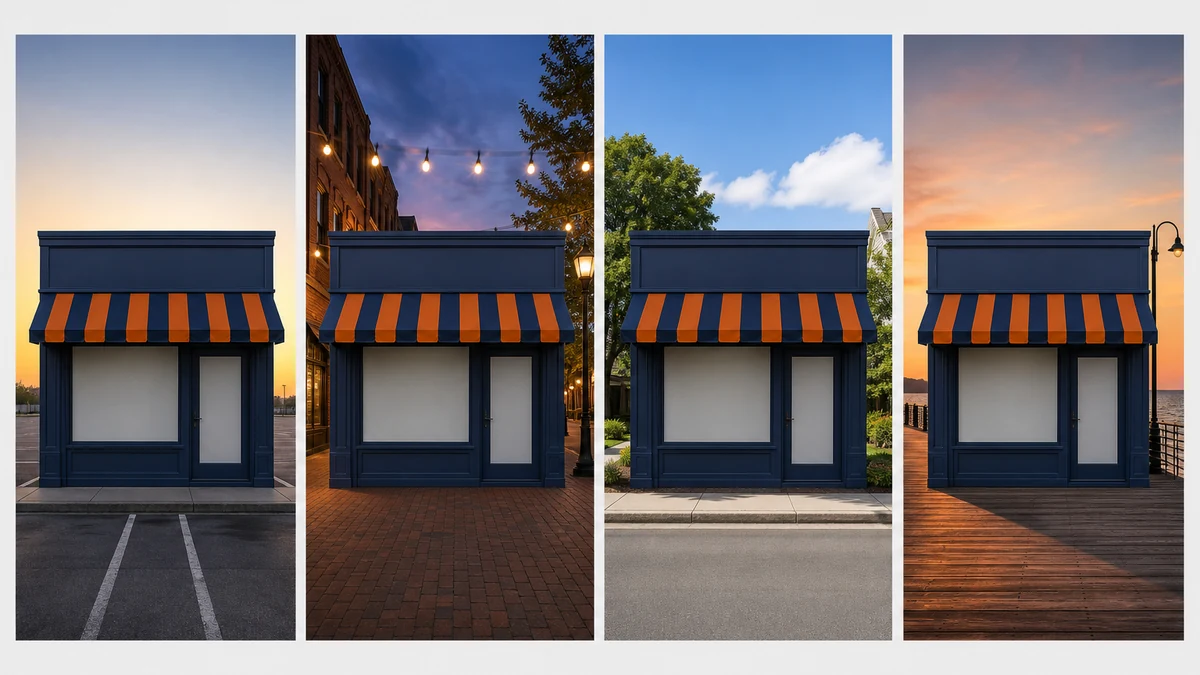 Illustrative grid of four local-market variants of the same approved storefront creative, different backdrops, same brand colors and composition