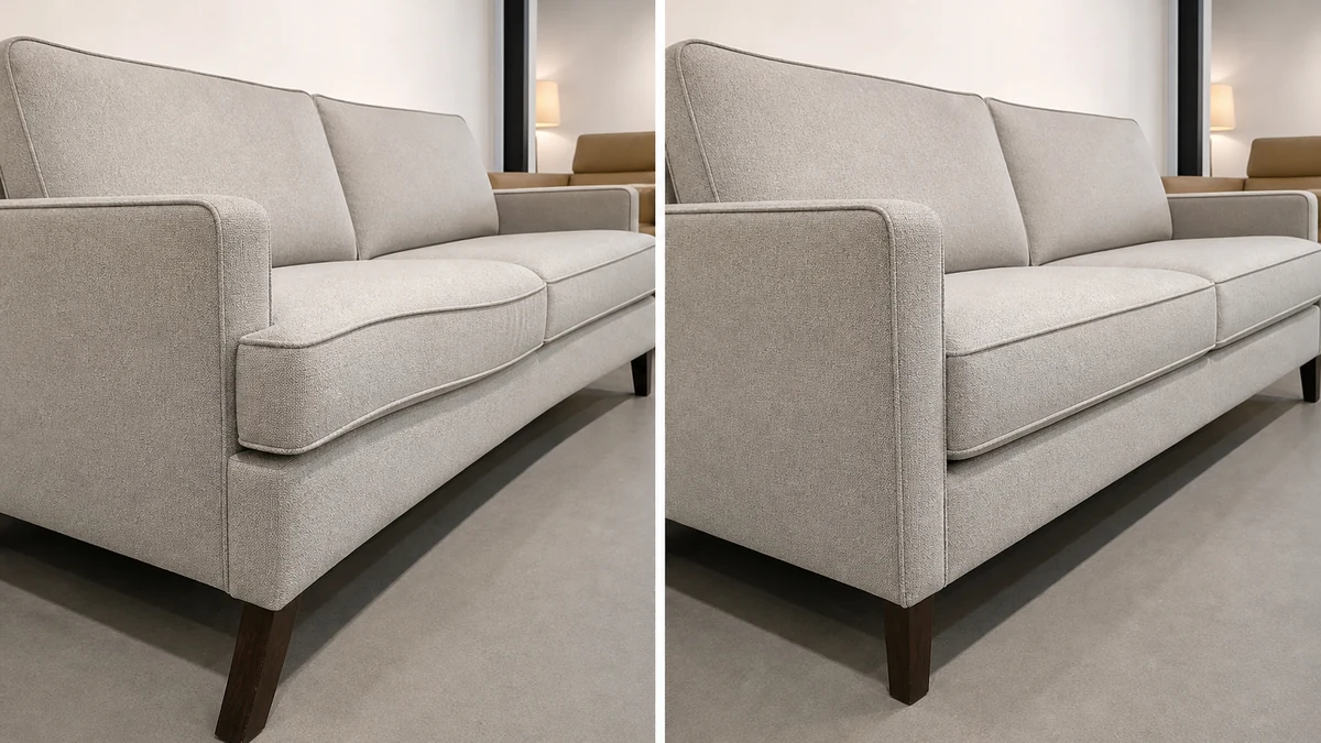 Illustrative before/after split photo: left shows a sofa with a bowed leg and curving front edge from wide-angle lens distortion, right shows the same sofa corrected to straight true-to-shape lines