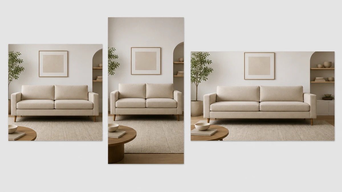Illustrative multi-format fan-out: the same corrected sofa shown as a square feed ad, a 9:16 story, and a horizontal display banner