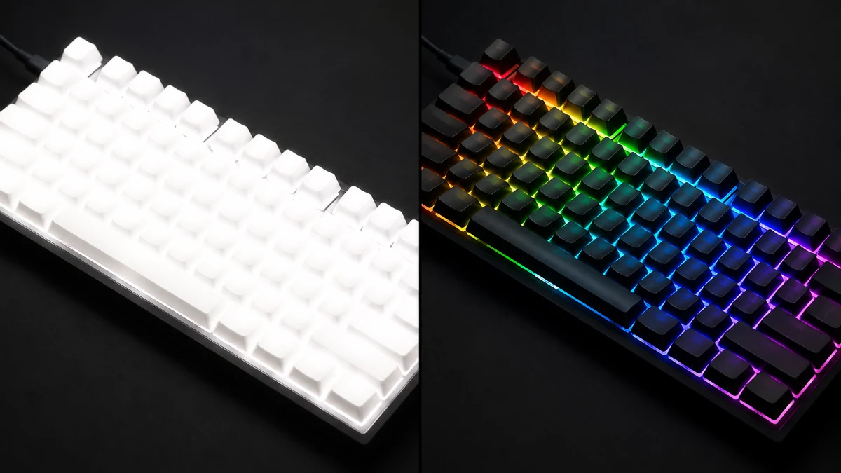 A split-frame photo of a mechanical gaming keyboard: left side with RGB keys blown out to a flat white glow, right side showing the same keyboard with rich saturated rainbow RGB color restored