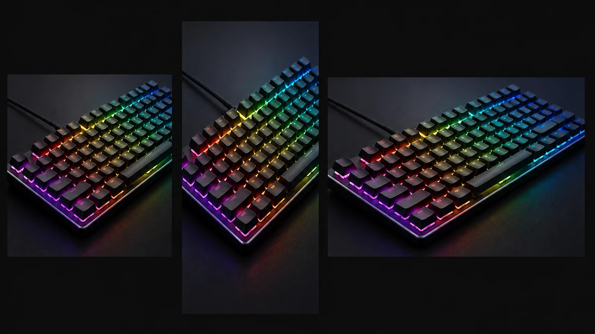 A flat-lay mockup of the same corrected RGB gaming keyboard photo shown as a square feed crop, a vertical story crop, and a wide landscape crop