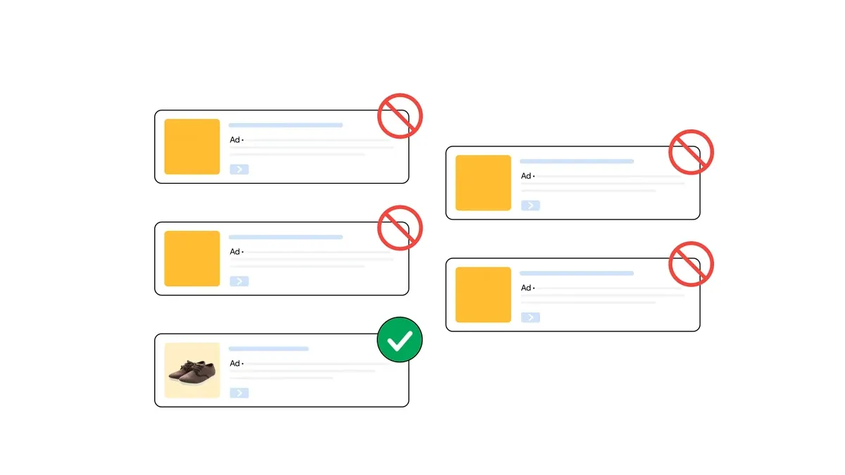 Google illustration showing generic unbranded search ads marked as limited and a clear branded product ad approved