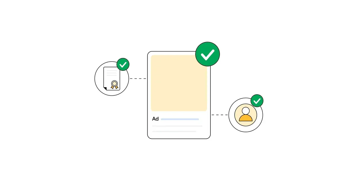 Google illustration of a qualified advertiser, verified identity and clear branding marked with green checks