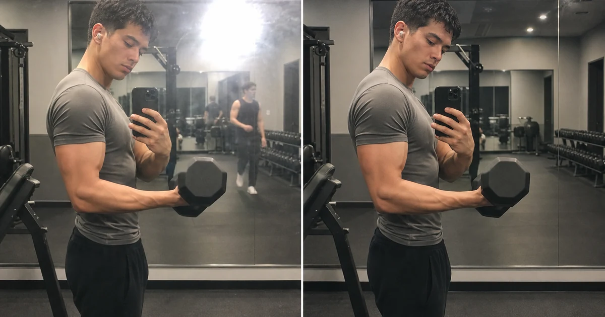 Before and after: mirror glare hotspot and a distracting background reflection removed from a gym training-room photo